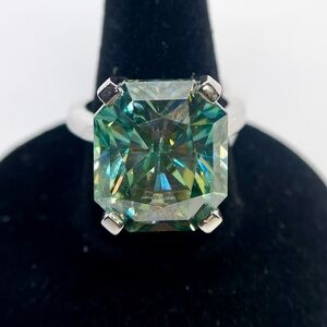 15 Carat Radiant Cut Moissanite Ring Vivid Blue Green Cocktail Statement Ring